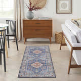 Living room scene with Nourison Fulton Blue Vintage runner rug, wood dresser, white sofa, and black chairs.