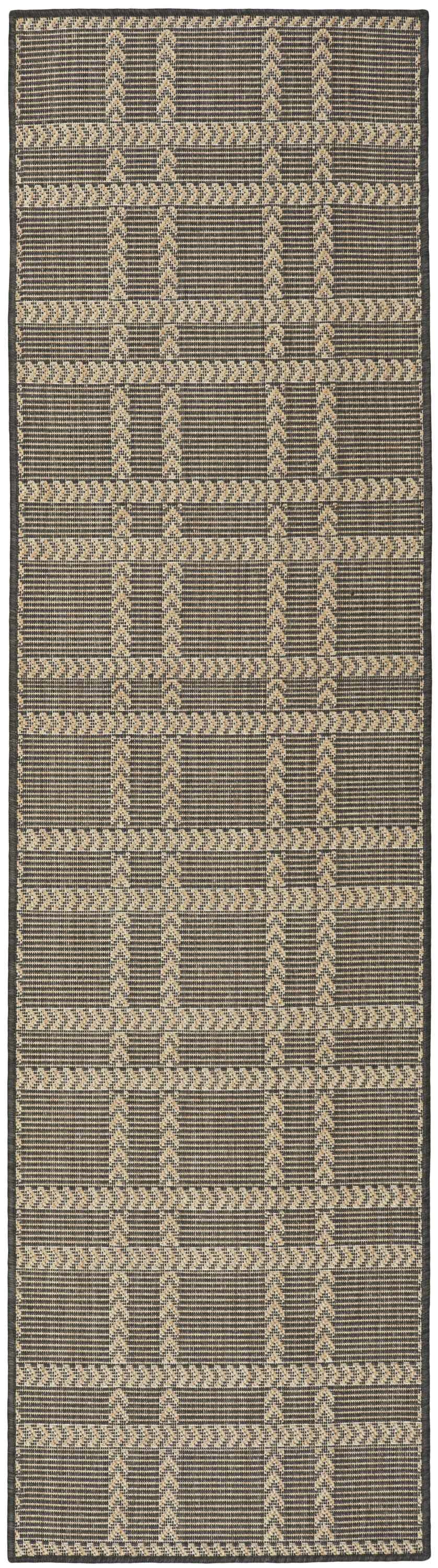 Close-up of Nourison Horizon Charcoal rug showing taupe geometric plaid pattern and texture. Modern indoor/outdoor rug.