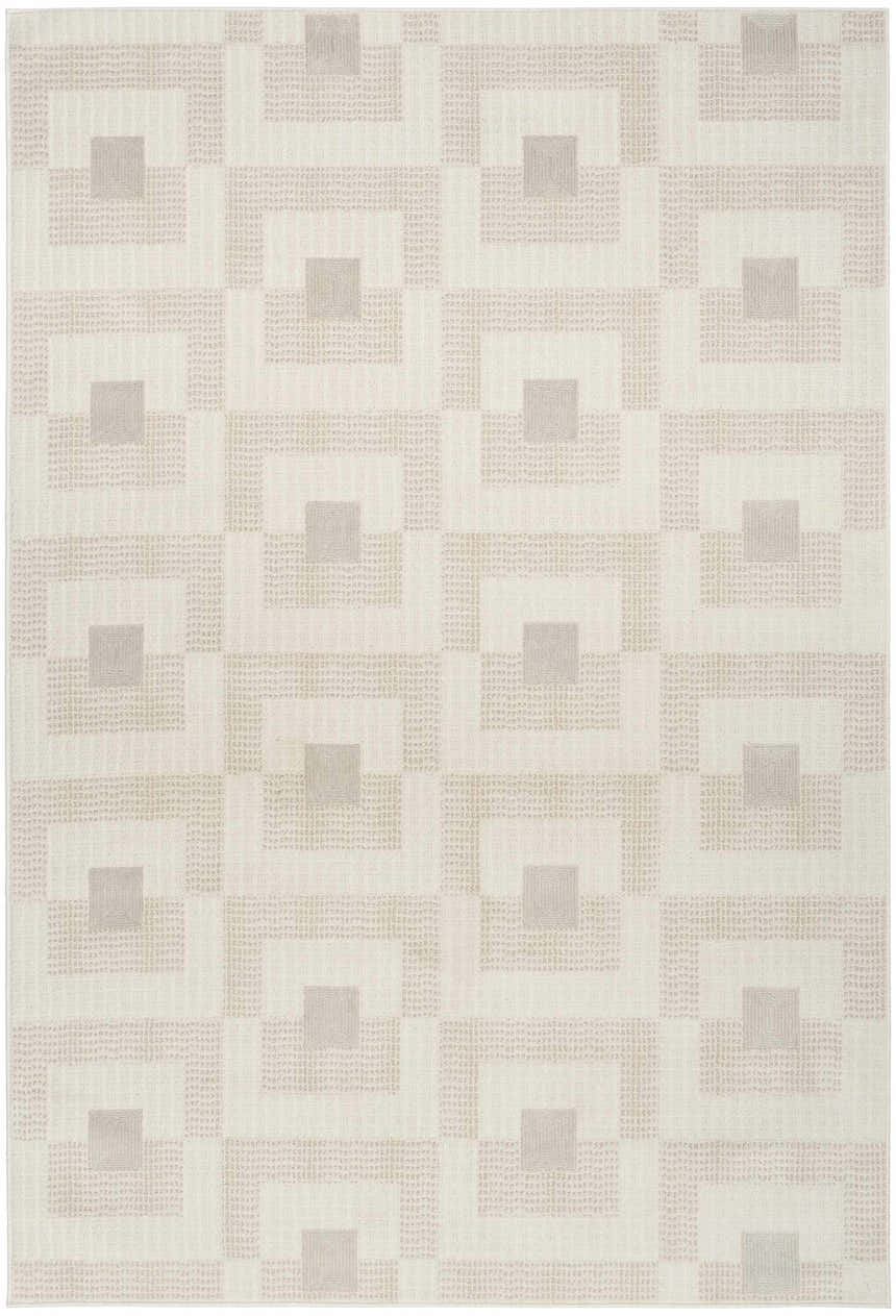 Close-up of the Nourison Nordic Ivory Beige rug, featuring a modern geometric square pattern and neutral chestnut tones.
