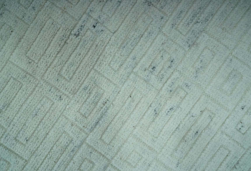 Carved Texture Modern Geometrical Design  Custom Made  Ivory and Light Blue Wool Area Rug