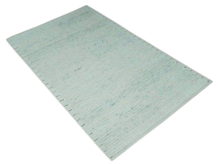 Carved Texture Modern Geometrical Design  Custom Made  Ivory and Light Blue Wool Area Rug