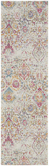 Close-up of Nourison Damask Multicolor Bohemian Indoor Area Rug. Distressed damask pattern in pink, blue, and gold on a cream background.