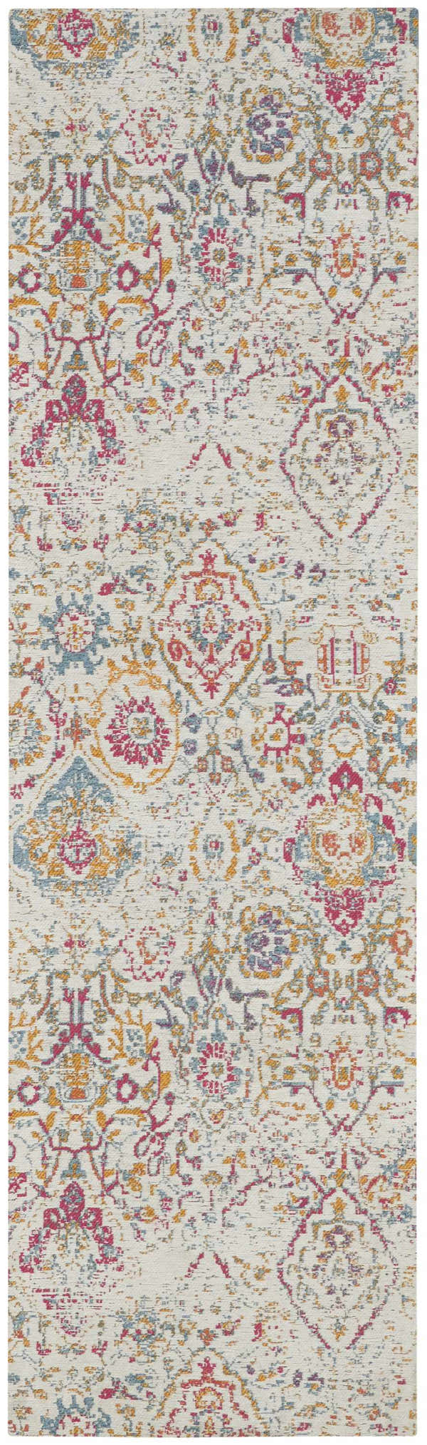 Close-up of Nourison Damask Multicolor Bohemian Indoor Area Rug. Distressed damask pattern in pink, blue, and gold on a cream background.