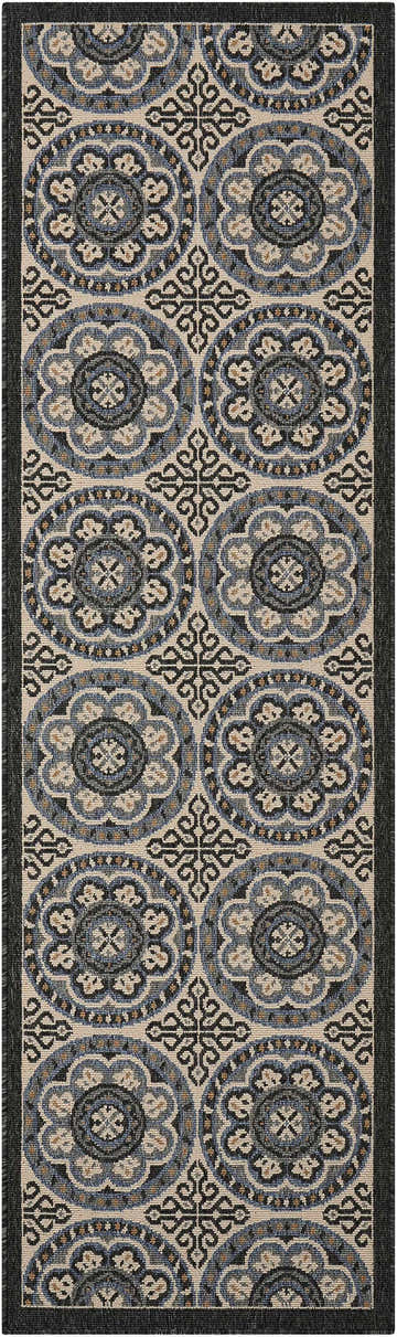 Close-up of Nourison Caribbean Ivory Charcoal Transitional Area Rug. Floral medallion pattern in taupe, ivory, and charcoal.