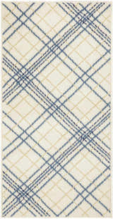 Close-up of Nourison Jubilant Ivory Navy rug featuring a farmhouse style plaid pattern in blue, gold, and ivory.