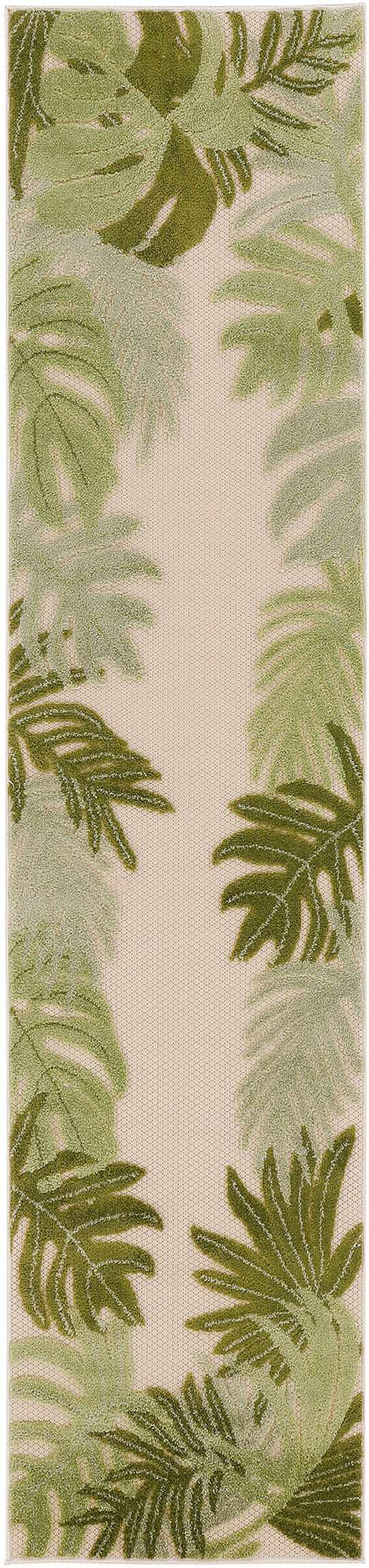 Close-up of Nourison Aloha Ivory Green Outdoor Area Rug featuring a tropical leaf pattern in shades of green on an ivory background.