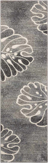 Close-up of the Nourison Maxell Grey rug. Modern runner rug with a gray background and large white floral pattern.