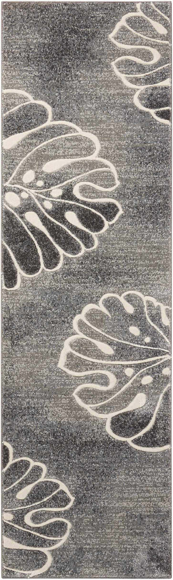 Close-up of the Nourison Maxell Grey rug. Modern runner rug with a gray background and large white floral pattern.