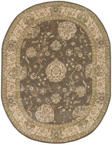 Close-up of the oval Nourison 2000 Grey Persian rug. Features a floral design in gray, cream, and sage. Handmade wool rug.