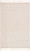Close-up of the Ramsbury Beige Trellis Wool Rug, featuring a geometric diamond pattern and fringe detail. Ivory, light beige, and peach tones. Design-Rectangle-576