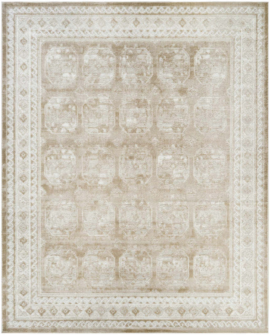 Close-up of the Nourison Dekor Cream Beige vintage rug, showing the high pile texture and geometric pattern.