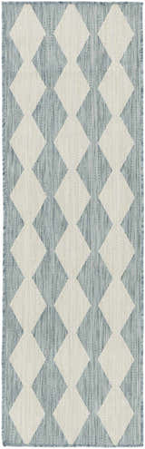 Close-up of Nourison Positano Aqua Modern Area Rug with a geometric diamond pattern and woven texture.