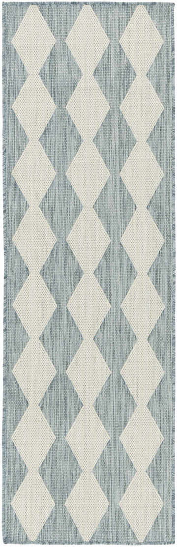 Close-up of Nourison Positano Aqua Modern Area Rug with a geometric diamond pattern and woven texture.