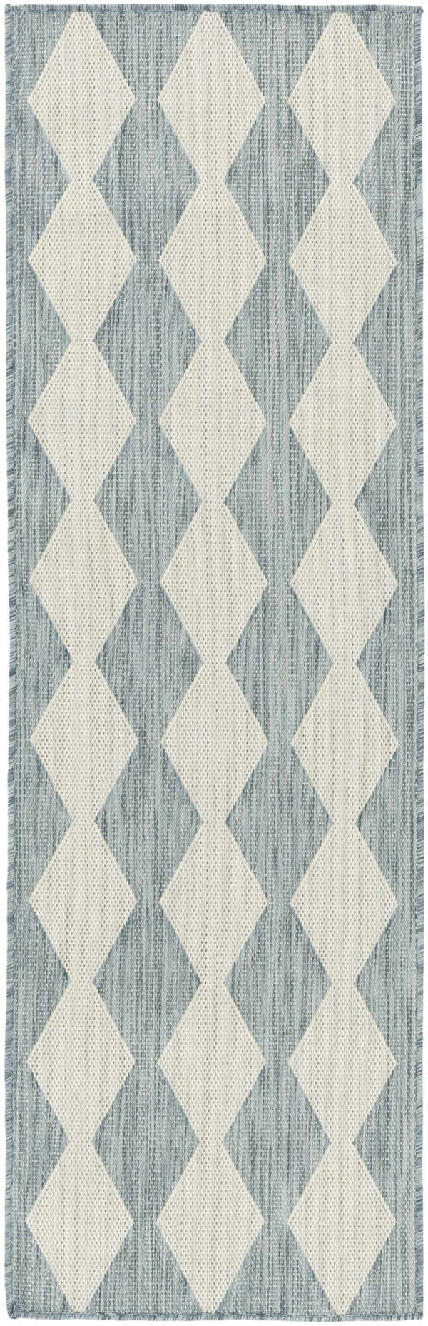Close-up of Nourison Positano Aqua Modern Area Rug with a geometric diamond pattern and woven texture.