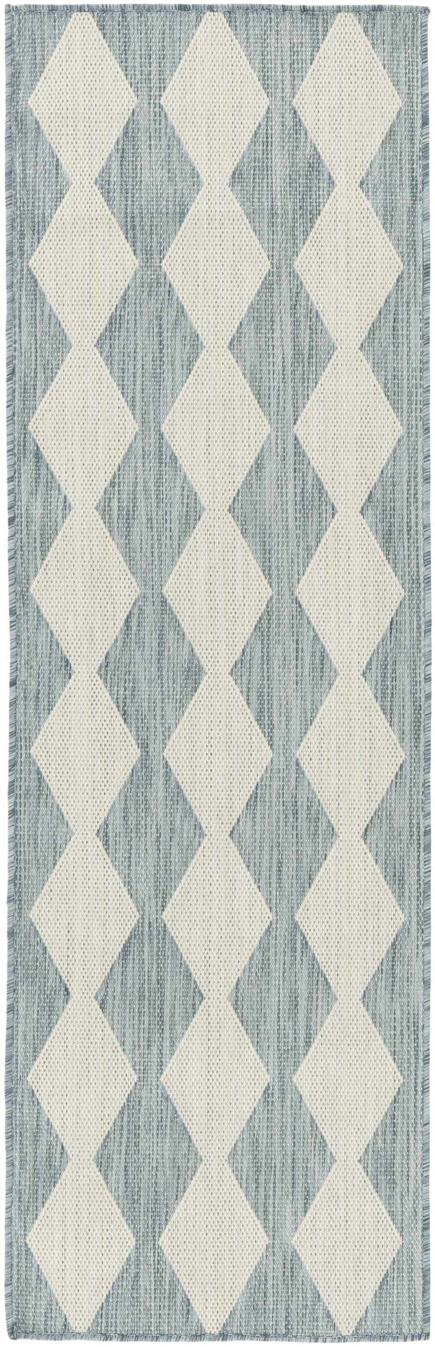 Close-up of Nourison Positano Aqua Modern Area Rug with a geometric diamond pattern and woven texture.