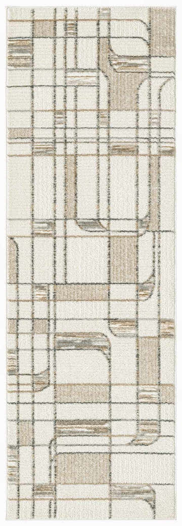 Close-up of Nourison Nordic Ivory Multicolor rug. Mid-century modern design with chestnut and gray geometric patterns.