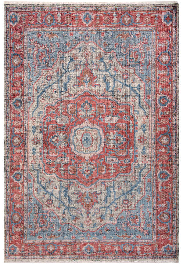 Close-up of the hand-knotted Rizzy CET723 area rug. Features a traditional, farmhouse design in beige, blue, dark red, and ivory. Design-Rectangle-23