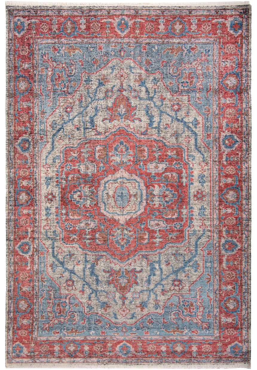 Close-up of the hand-knotted Rizzy CET723 area rug. Features a traditional, farmhouse design in beige, blue, dark red, and ivory. Design-Rectangle-23