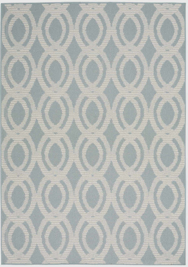 Close-up of Nourison Aruba Light Blue Cream Beach Area Rug with circle and diamond geometric pattern.