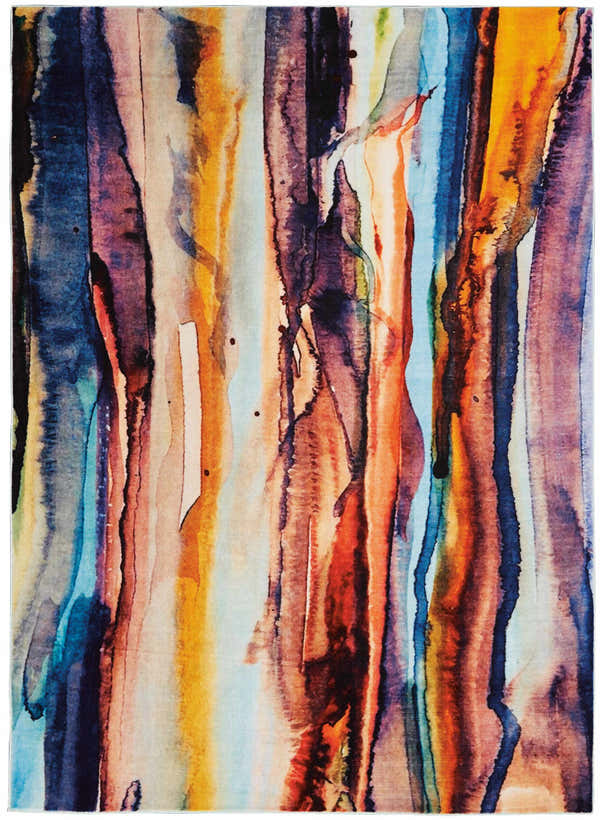 Close-up of the Nourison Le Reve Multicolor rug, featuring an abstract watercolor design in blue, orange, purple, and yellow.
