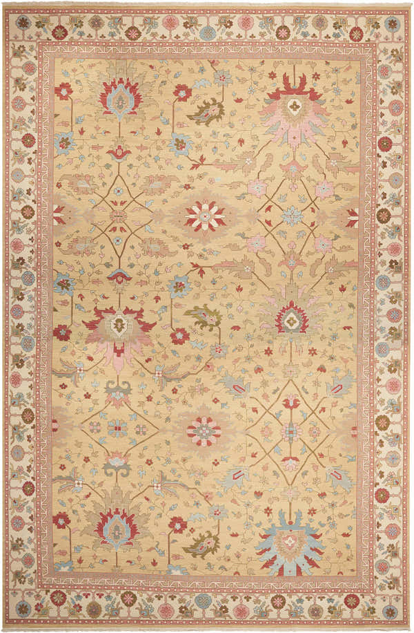Handmade Nourison Nourmak Gold rug. Floral pattern in gold, red, pink, and blue. 100% wool rectangle rug.