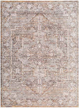 Close-up of the Clovia Area Rug. Traditional design in black, gray, ivory, medium brown, and taupe hues. Design-Rectangle-679