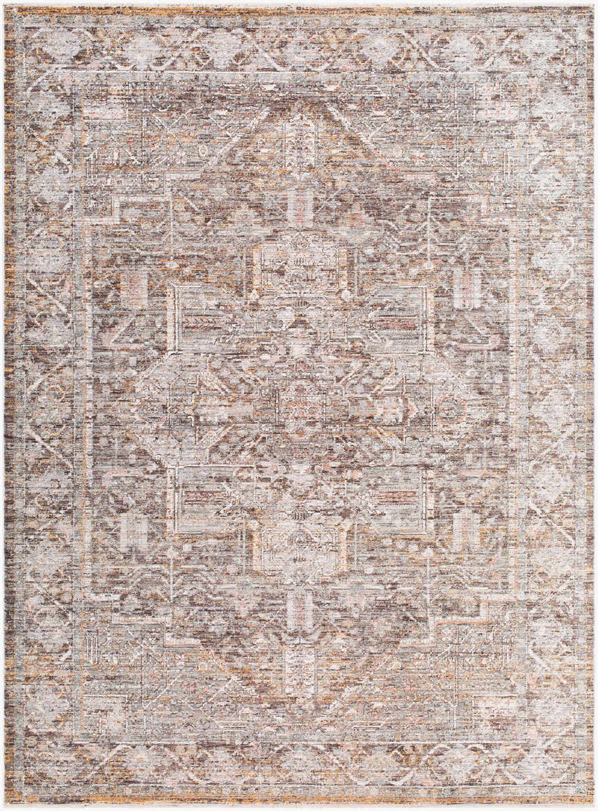 Close-up of the Clovia Area Rug. Traditional design in black, gray, ivory, medium brown, and taupe hues. Design-Rectangle-679