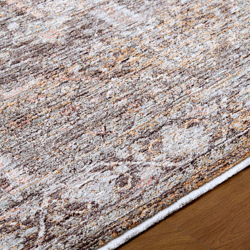 Close-up of the Clovia Area Rug showing its black, gray, ivory, and brown traditional pattern and soft texture. Texture