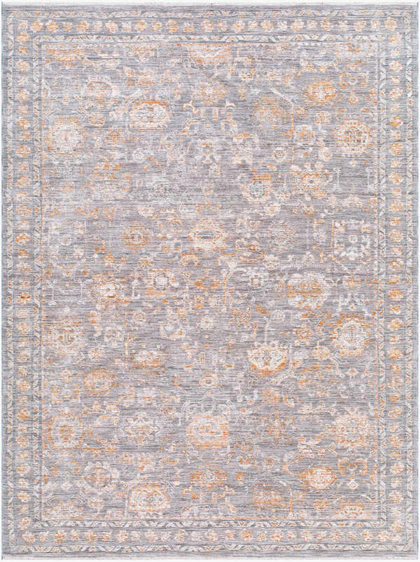 Detailed floral pattern of the Bayram Area Rug in gray, ivory, and brown. Farmhouse traditional style. Design-Rectangle-679