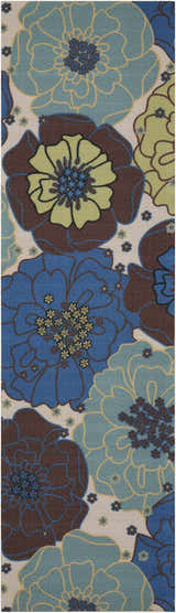 Close-up of the Nourison Home & Garden Light Blue rug, featuring a large floral pattern in blue, brown, and green hues.