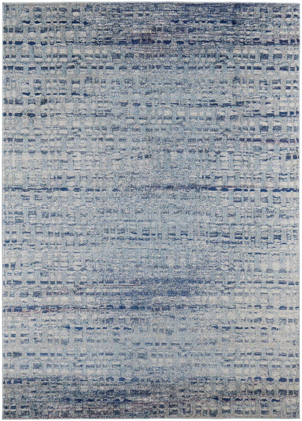Feizy Edgemont rug: modern abstract distressed grid pattern in blue and ivory. Casual, contemporary style. Design-Rectangle