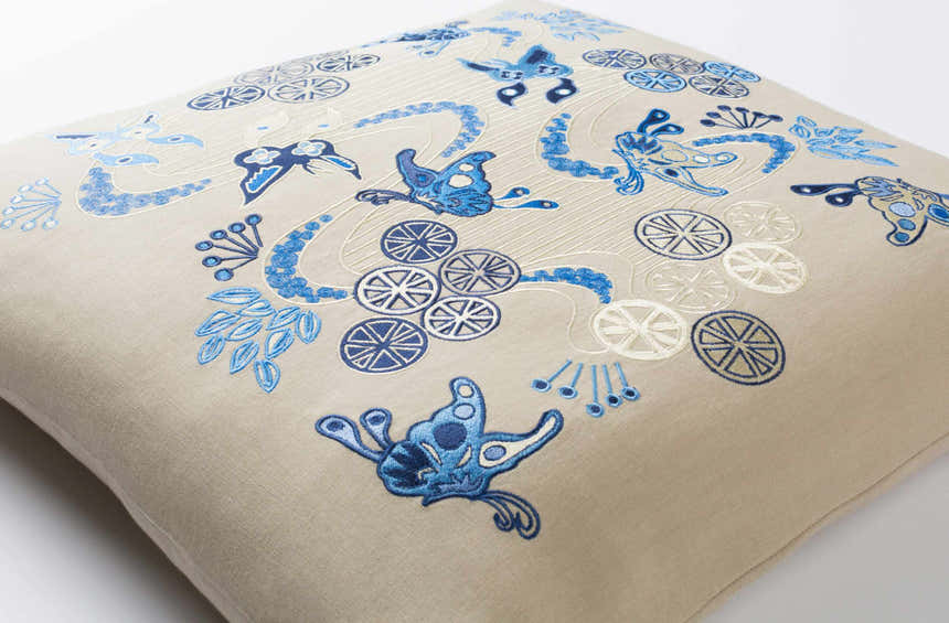 Zachary Blue Embroidered Butterfly Throw Pillow - Clearance