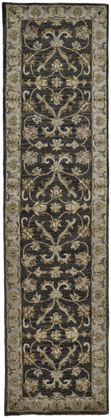 Close-up of Feizy Eaton rug runner. Traditional Persian floral design in blue, gray, and taupe wool. Hand-tufted texture. Design-Runner