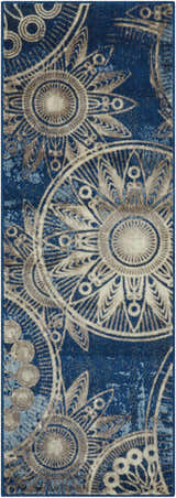 Close-up of the Nourison Somerset Denim Rug showing a detailed floral medallion pattern in denim blue, beige, and gray.