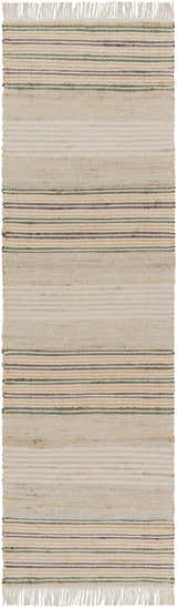 Close-up of the Calinog rug. A hand-woven rug with beige, tan, green, and charcoal stripes and fringe. Farmhouse style. Design-Runner-268