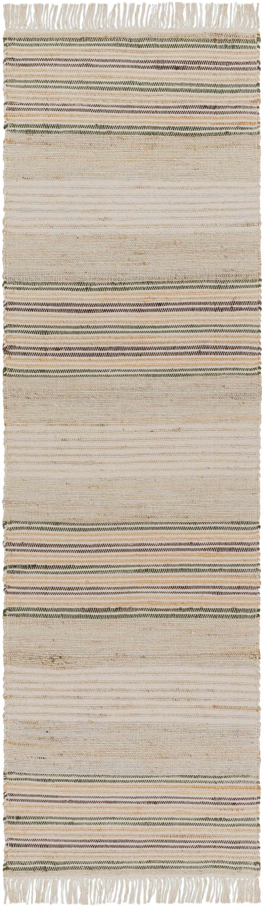 Close-up of the Calinog rug. A hand-woven rug with beige, tan, green, and charcoal stripes and fringe. Farmhouse style. Design-Runner-268