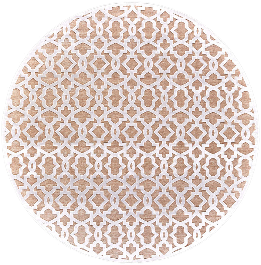 Feizy Saphir Mira round rug with interlocking geometric diamond pattern in pink and white. Modern style. Design-Round