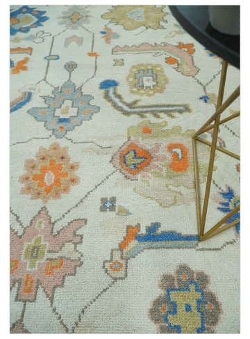 Colorful Ivory, Blue, Orange and Olive Hand Knotted Traditional Oriental Oushak Custom Made wool area Rug