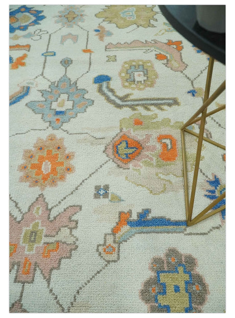 Colorful Ivory, Blue, Orange and Olive Hand Knotted Traditional Oriental Oushak Custom Made wool area Rug