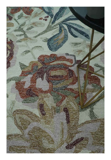 Colorful Ivory, Olive and Brown 8x10 Floral Design Hand Tufted wool Rug