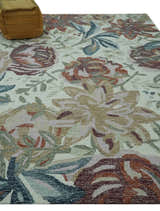Colorful Ivory, Olive and Brown 8x10 Floral Design Hand Tufted wool Rug