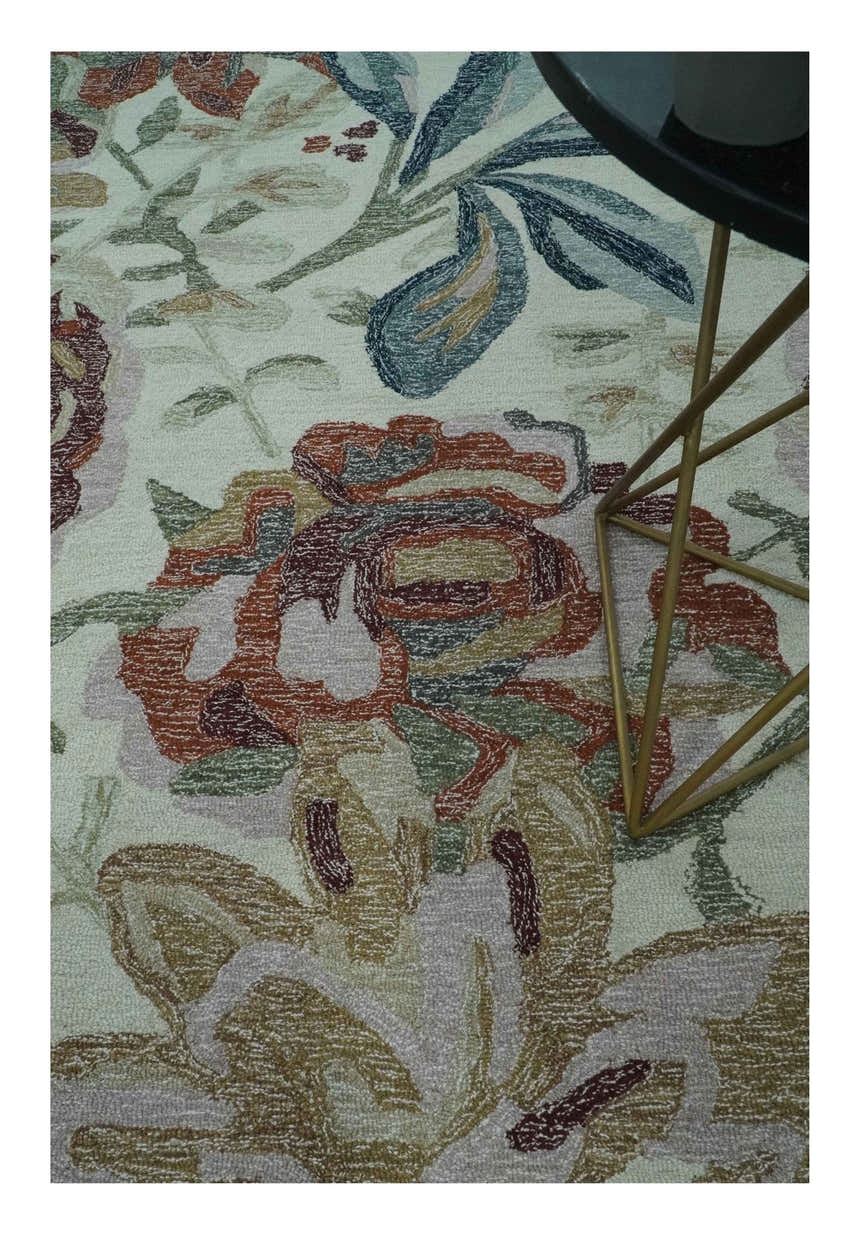 Colorful Ivory, Olive and Brown Floral Design Hand Tufted Custom Made wool Rug