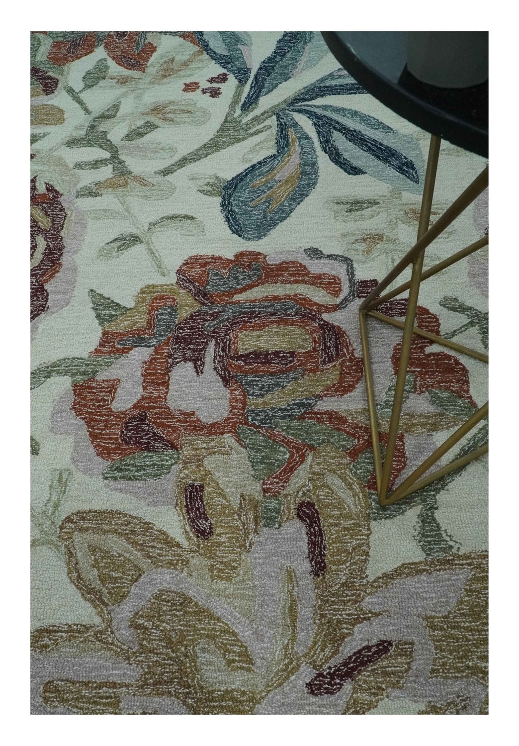 Colorful Ivory, Olive and Brown Floral Design Hand Tufted Custom Made wool Rug