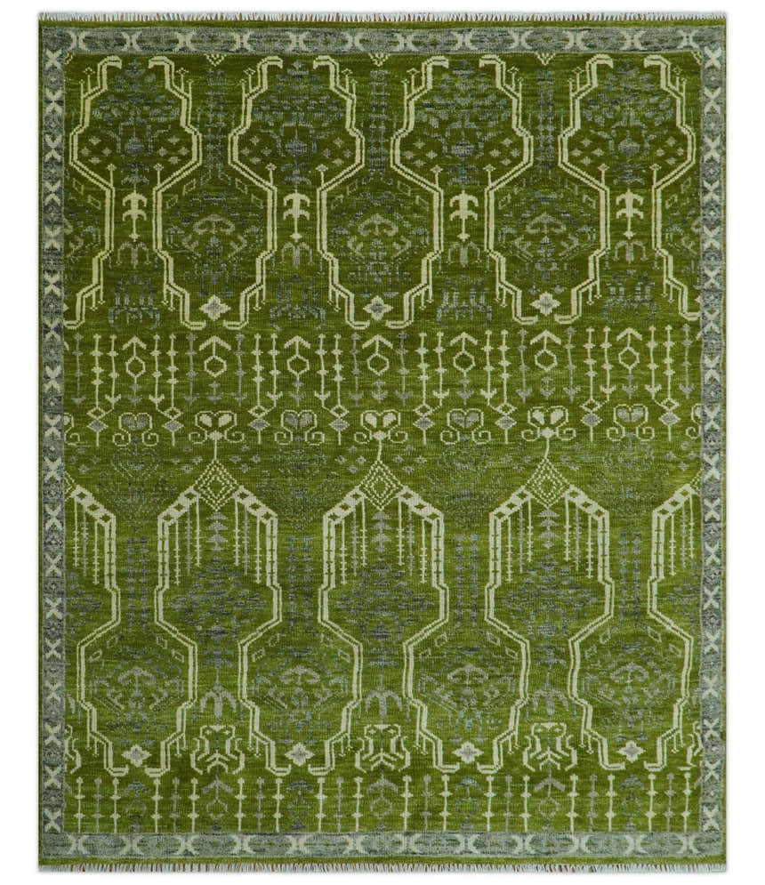 Contemporary Traditional Design Green And Beige Hand Knotted Custom Made Wool Rug