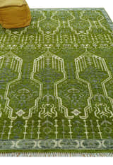 Contemporary Traditional Design Green And Beige Hand Knotted Custom Made Wool Rug