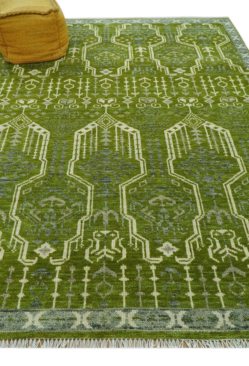 Contemporary Traditional Design Green And Beige Hand Knotted Custom Made Wool Rug