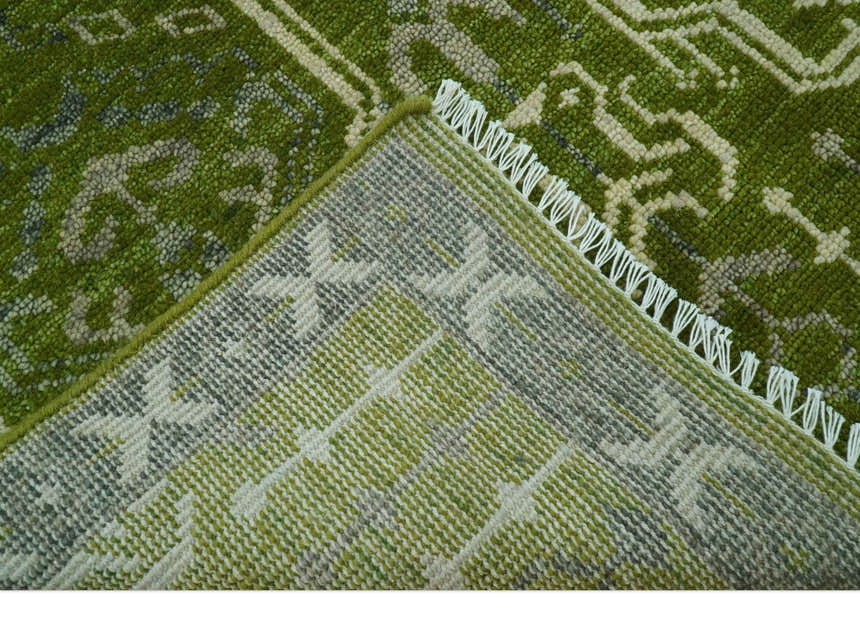 Contemporary Traditional Design Green And Beige Hand Knotted Custom Made Wool Rug