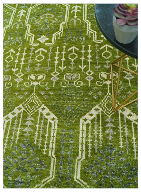 Contemporary Traditional Design Green And Beige Hand Knotted Custom Made Wool Rug