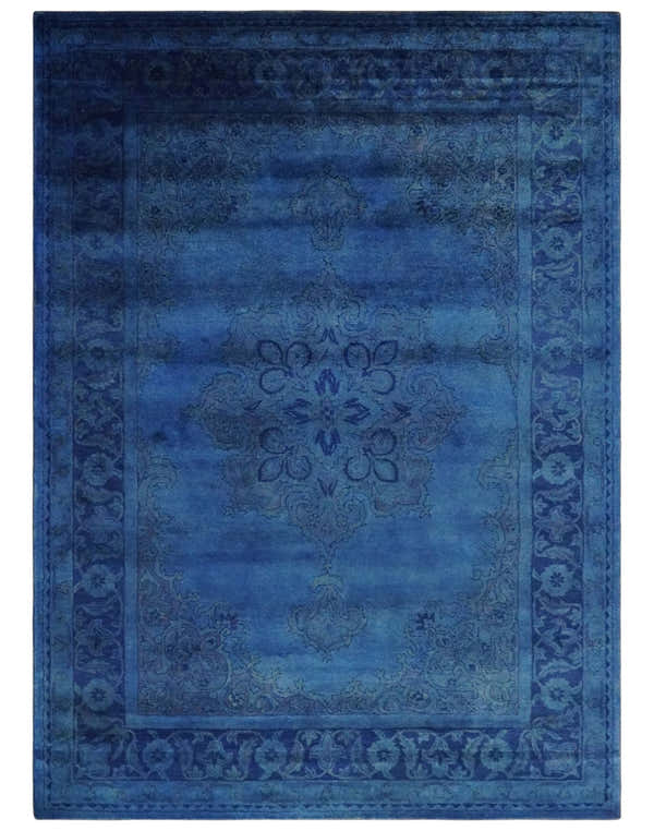 Traditional Design Overdyed Blue Hand Tufted Wool Area Rug