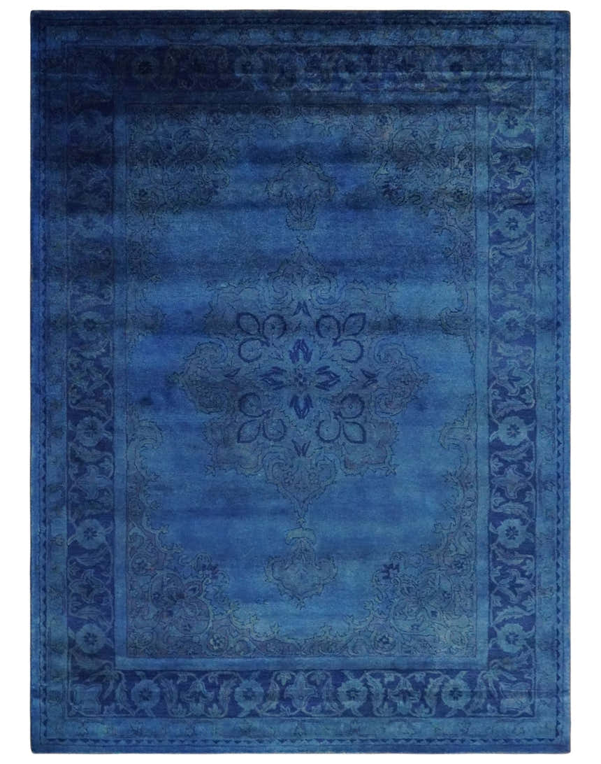 Traditional Design Overdyed Blue Hand Tufted Wool Area Rug